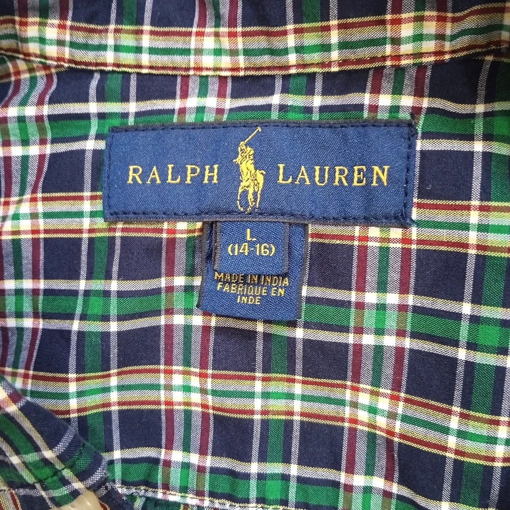 Boys Polo Ralph Lauren Cotton Green Blue Plaid Shirt L 14 16